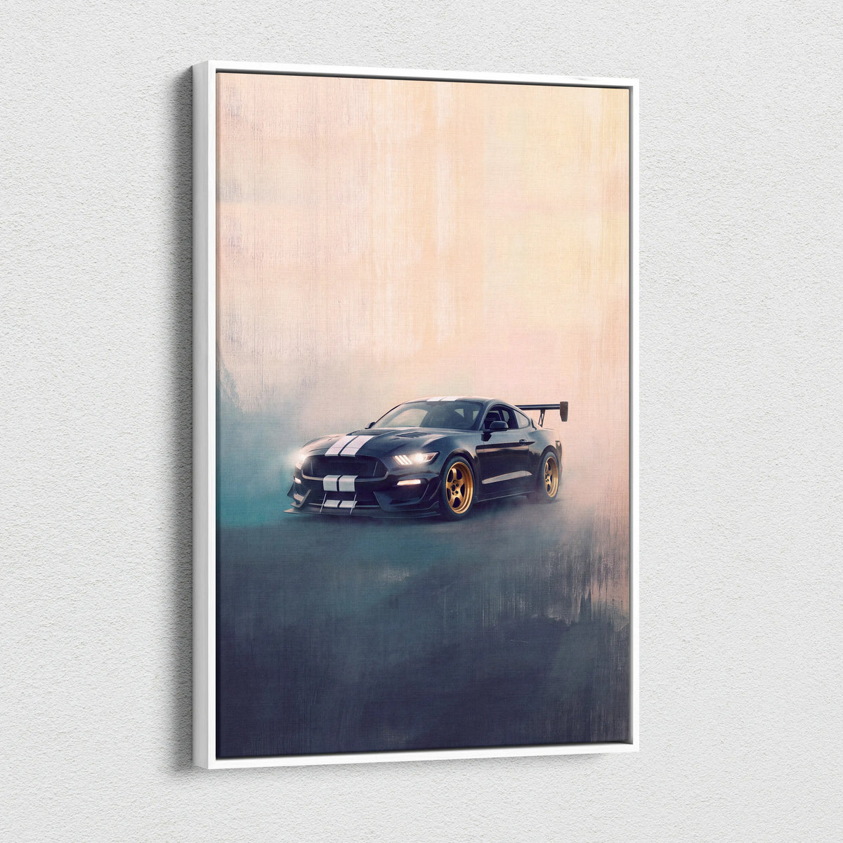 Ford Mustang Shelby GT500 inspired wall art featuring a black GT350 with gold rims and white racing stripes in a white frame