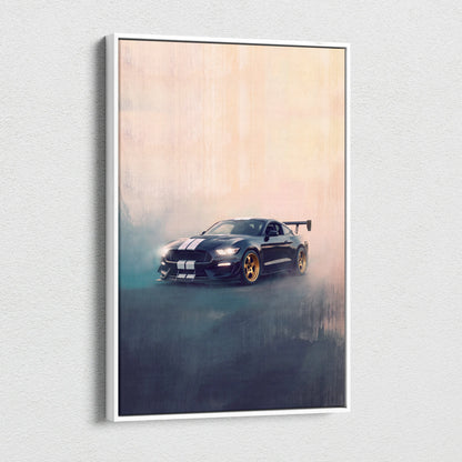 Ford Mustang Shelby GT500 inspired wall art featuring a black GT350 with gold rims and white racing stripes in a white frame