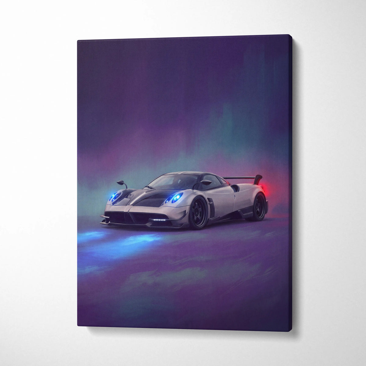 Pagani Huayra BC inspired luxury white sports car canvas print with glowing blue headlights and red taillight wall art
