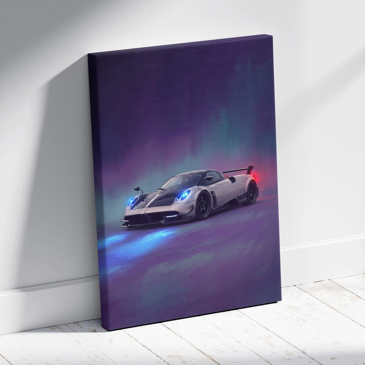A sleek silver pagani huayra bc sports car canvas print with glowing blue and red accents on a white wall