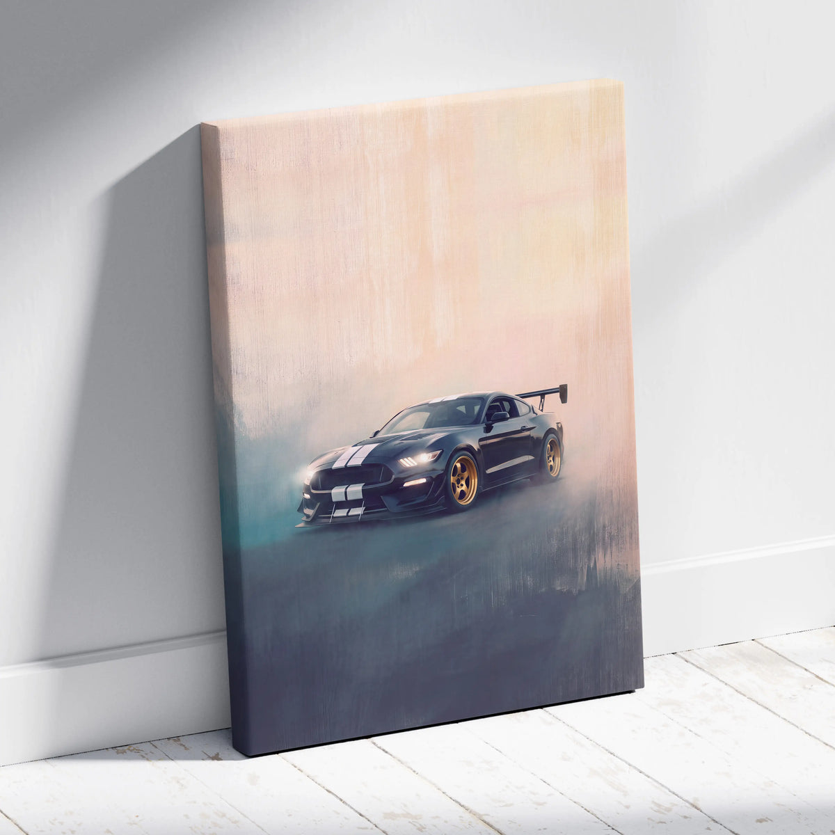 Ford Mustang Shelby GT500 inspired canvas print featuring black and white stripes with gold rims for garage wall art