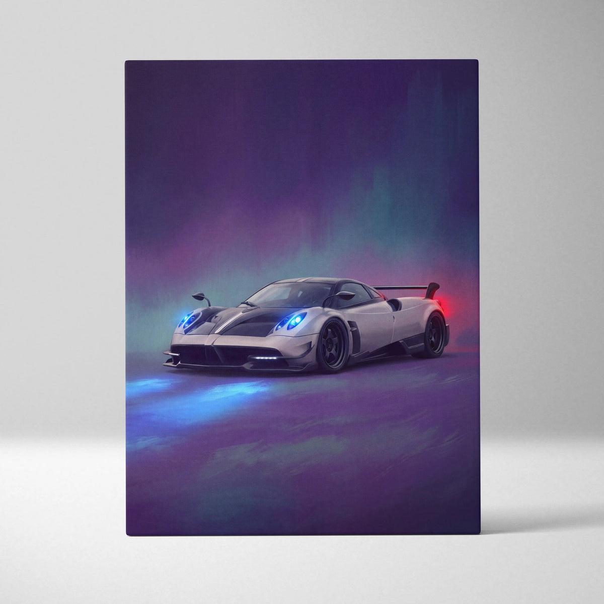 A sleek white Pagani Huayra BC sports car with glowing blue headlights on a luxury supercar canvas print