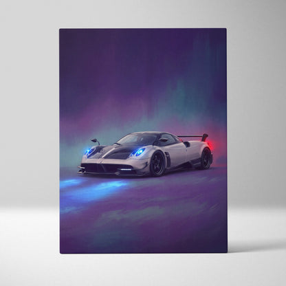 A sleek white Pagani Huayra BC sports car with glowing blue headlights on a luxury supercar canvas print