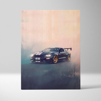 Black ford mustang shelby gt500 inspired wall art with gold rims and white racing stripes for garage decor