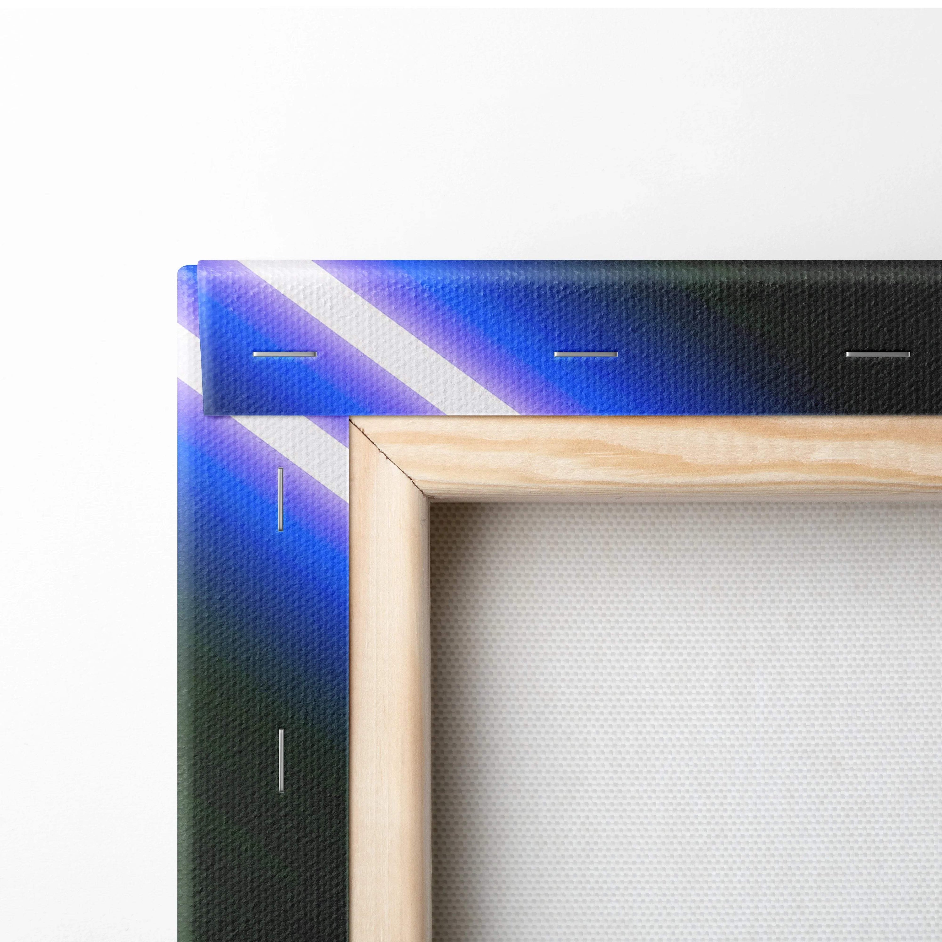 Futuristic neon tunnel canvas art in blue white gradient, light wood frame