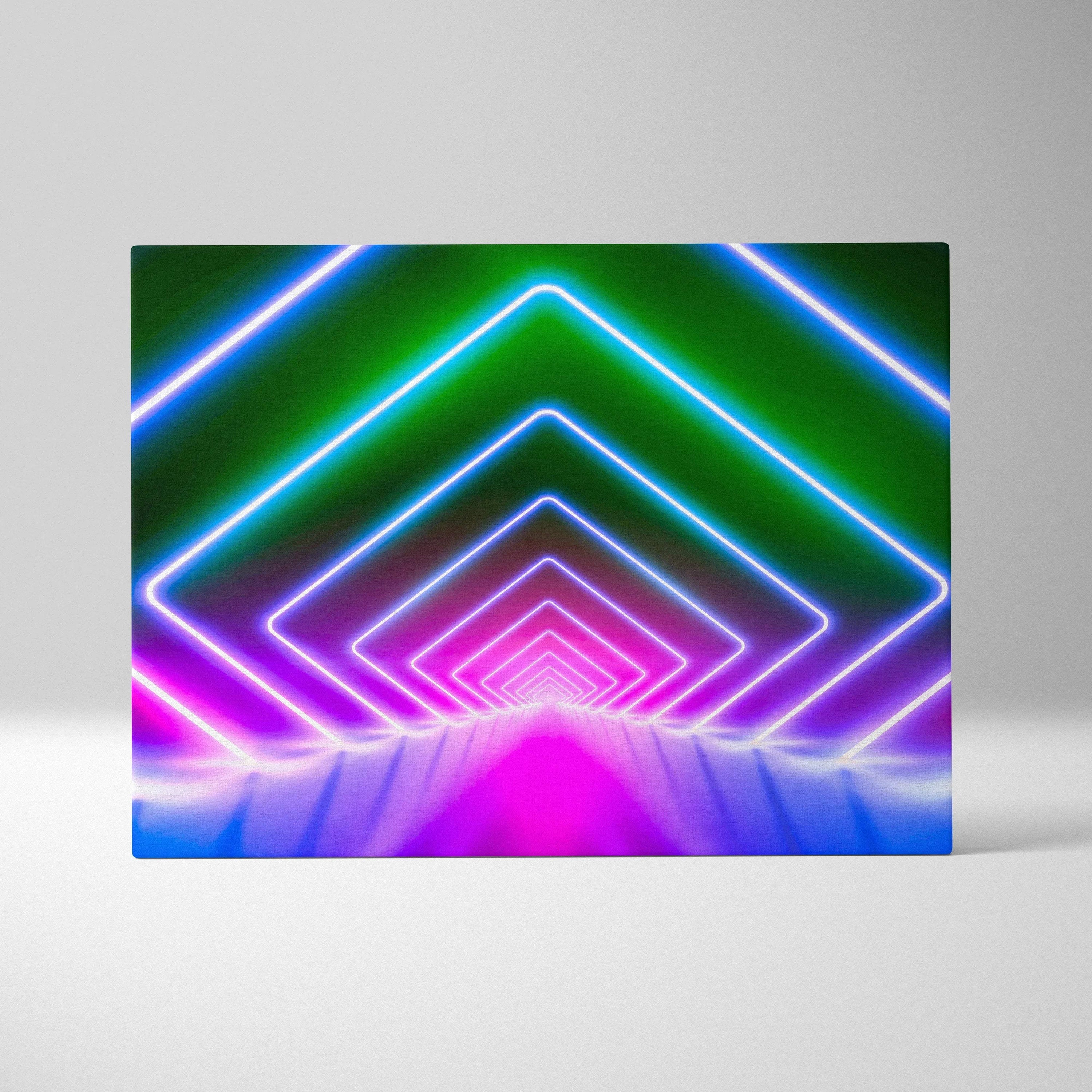 Vibrant neon geometric tunnel canvas print with glowing pink blue green lines