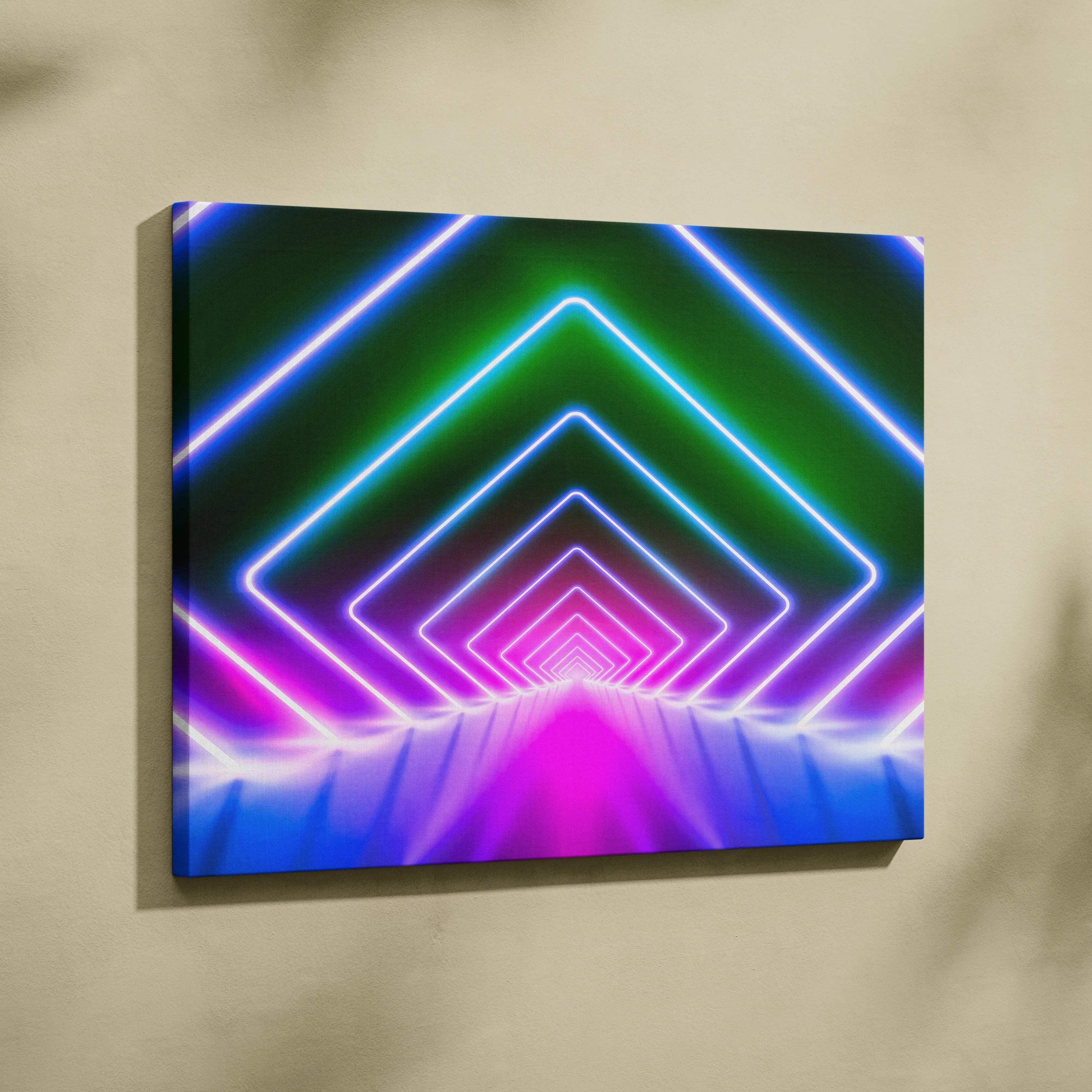 Vibrant neon canvas art with glowing geometric tunnels in pink, blue, green, purple tones