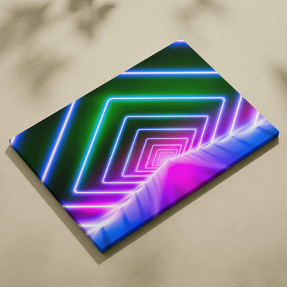 Futuristic neon tunnel canvas wall art with glowing geometric lines in pink, blue, green tones