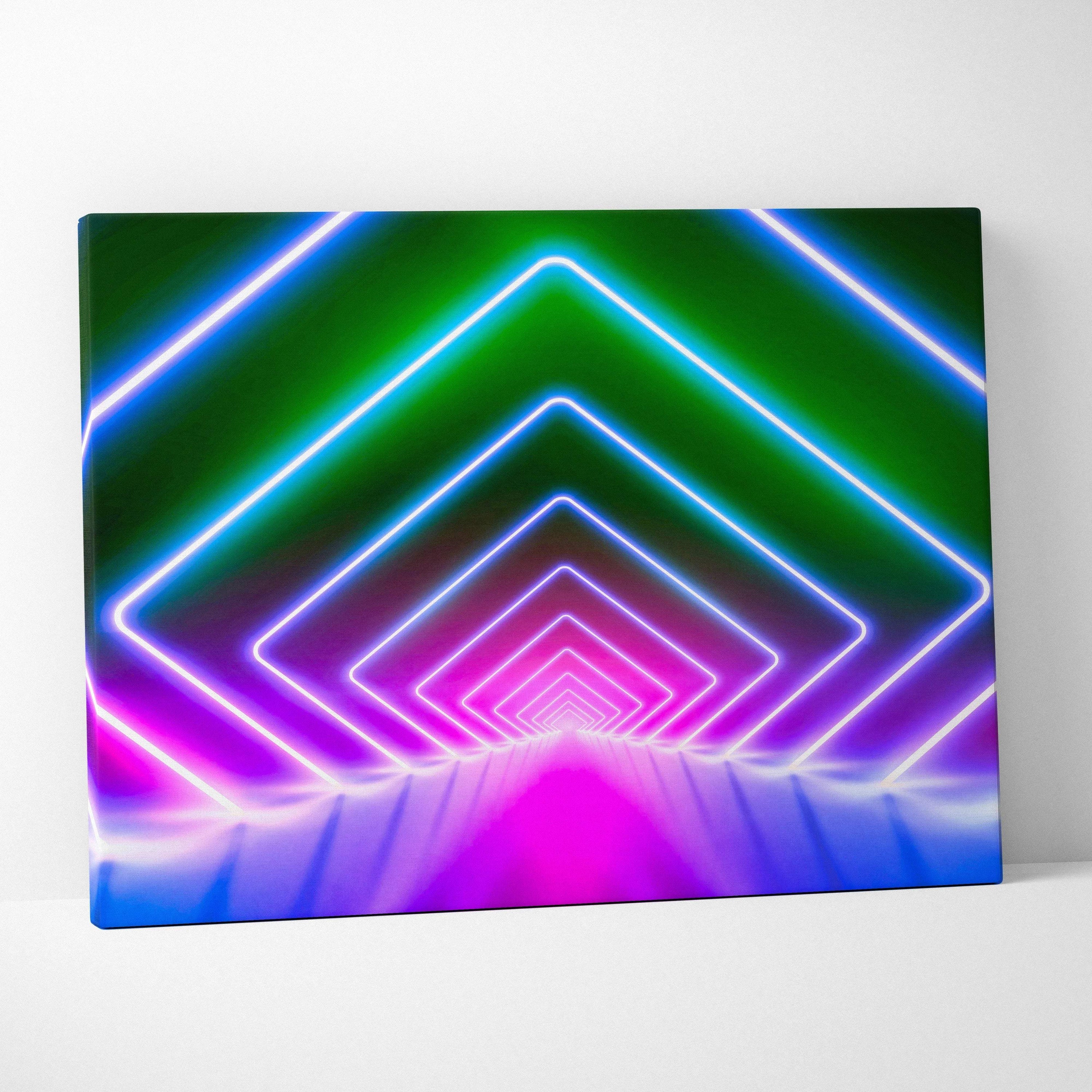Vibrant neon geometric tunnel canvas print in glowing pink blue green tones