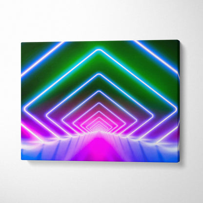 Futuristic neon tunnel canvas art with glowing pink blue green geometric triangles