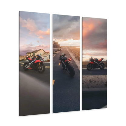 Three-piece acrylic canvas art featuring Aprilia RSV4 1100 motorcycle at sunset, vertical wall art panels.