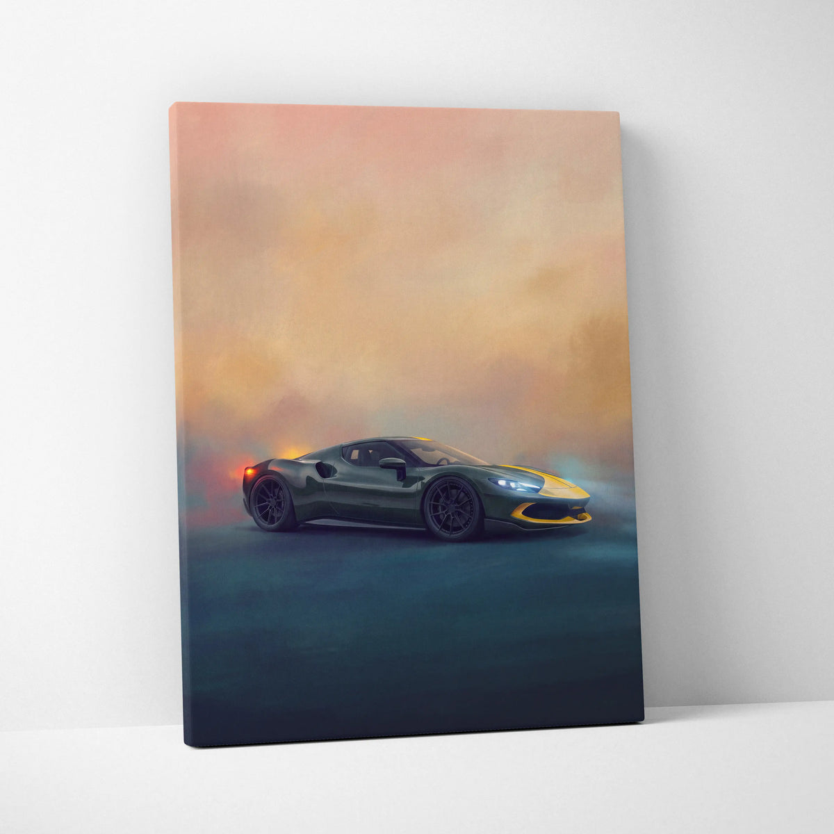 A canvas print of a dark green Ferrari SF90 Stradale inspired supercar with yellow accents against an orange blue sky