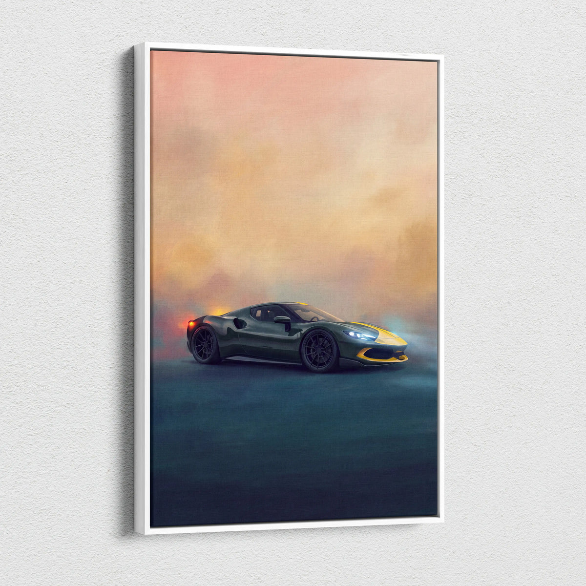 A sleek dark green and yellow Ferrari SF90 Stradale inspired sports car canvas print in a white frame