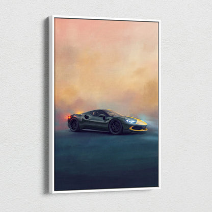 A sleek dark green and yellow Ferrari SF90 Stradale inspired sports car canvas print in a white frame