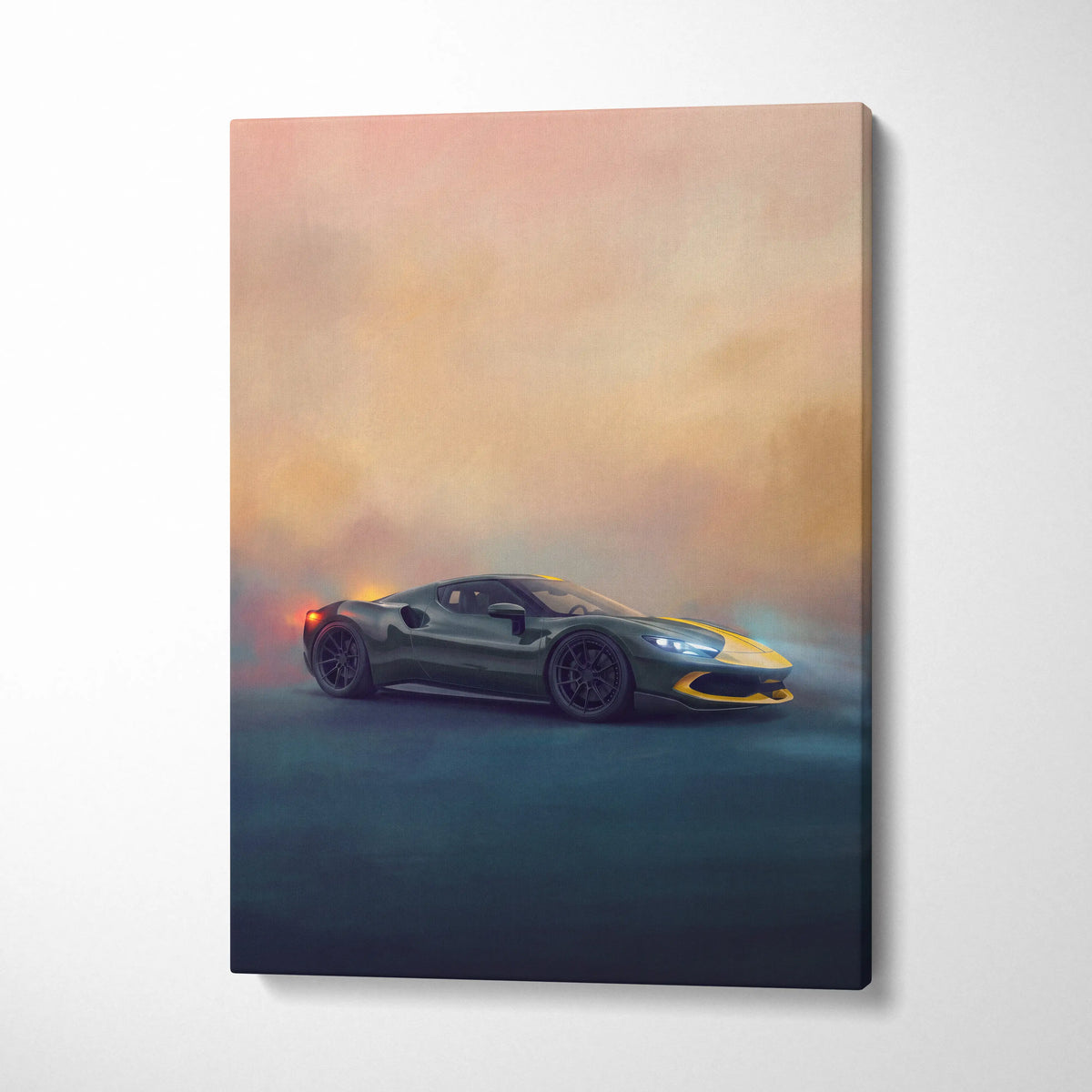 Ferrari sf90 stradale inspired supercar canvas art featuring a sleek dark green and yellow sports car with glowing headlights