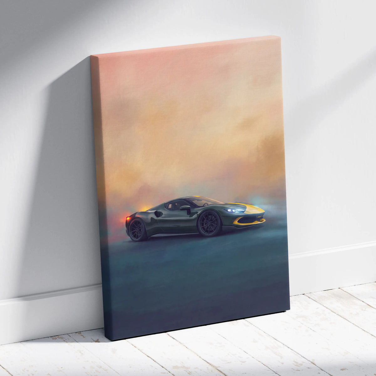 Ferrari sf90 stradale inspired supercar canvas art print featuring a dark green and yellow sports car at sunset