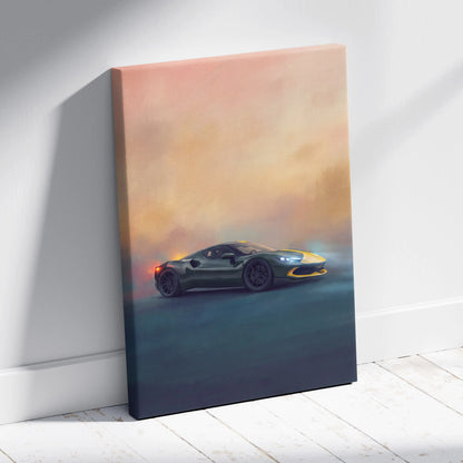 Ferrari sf90 stradale inspired supercar canvas art print featuring a dark green and yellow sports car at sunset