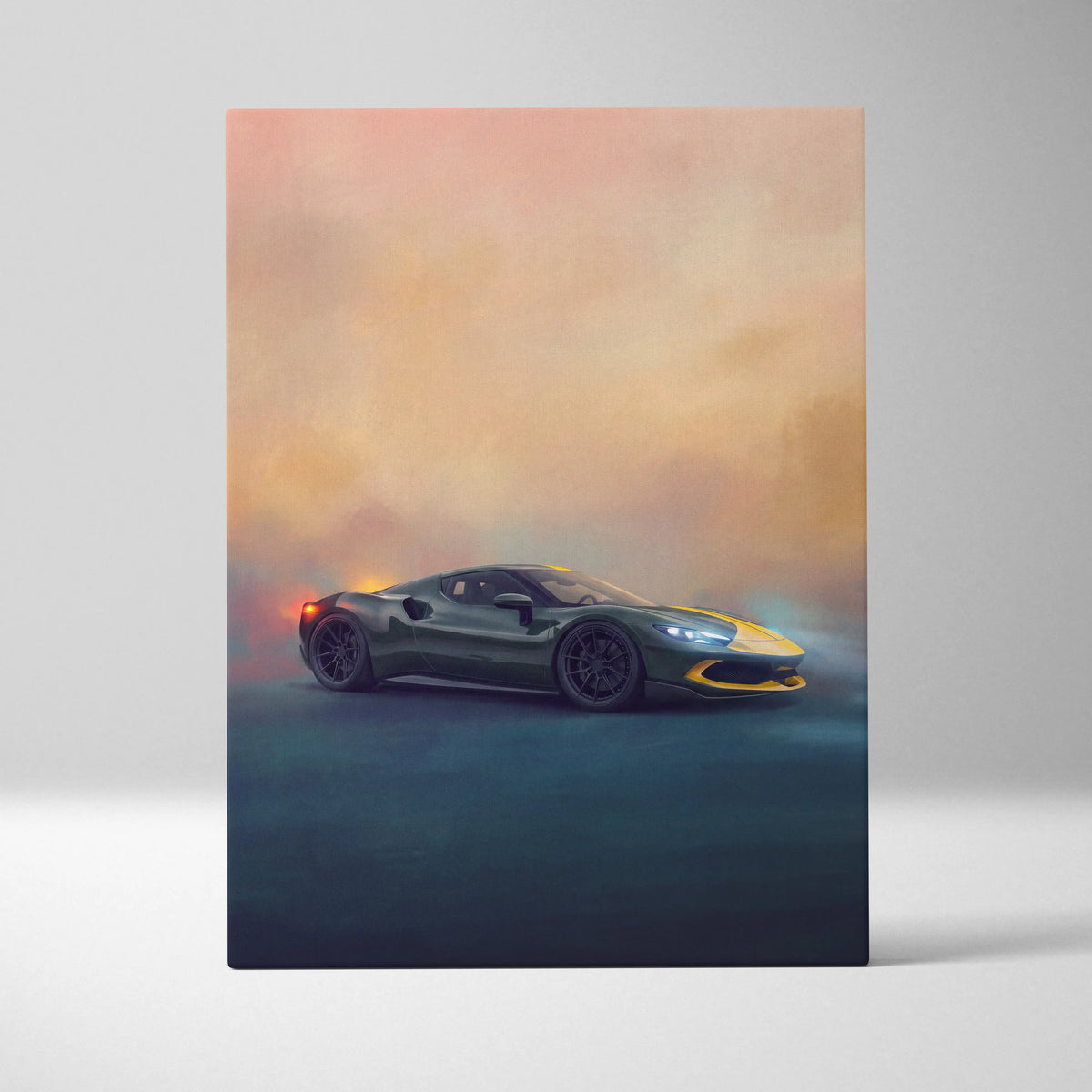 A sleek dark green and yellow Ferrari SF90 Stradale inspired supercar canvas art print with glossy finish at sunset