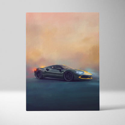 A sleek dark green and yellow Ferrari SF90 Stradale inspired supercar canvas art print with glossy finish at sunset