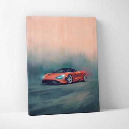 Orange McLaren 720S sports car stylized painting on canvas wall art track edition car decor print
