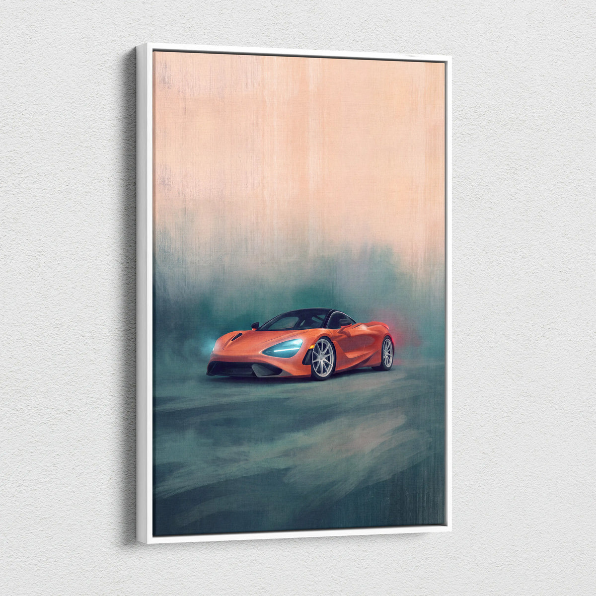 Orange mclaren 720s sports car illustration on white-framed canvas print for mclaren 720s inspired wall art track edition