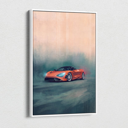 Orange mclaren 720s sports car illustration on white-framed canvas print for mclaren 720s inspired wall art track edition