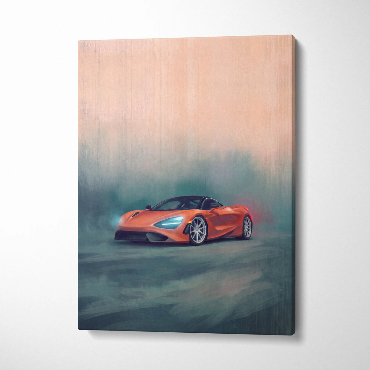 Vibrant orange mclaren 720s sports car canvas print in a dynamic misty scene for track edition wall art