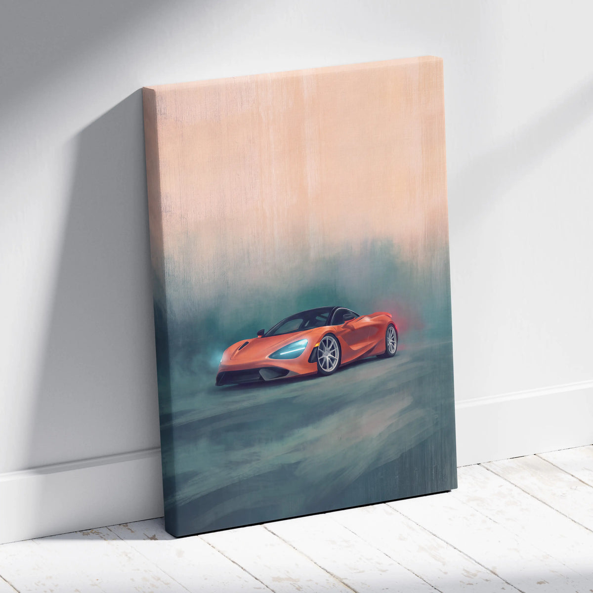 Orange mclaren 720s inspired sports car canvas wall art featuring track edition design for car enthusiasts