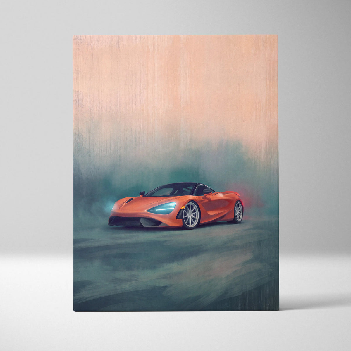 Vibrant orange mclaren 720s sports car wall art with glowing headlights on canvas painting print track edition
