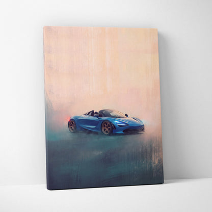 Blue mclaren 720s spider inspired automotive wall art featuring a stylized painterly canvas print of a convertible sports car