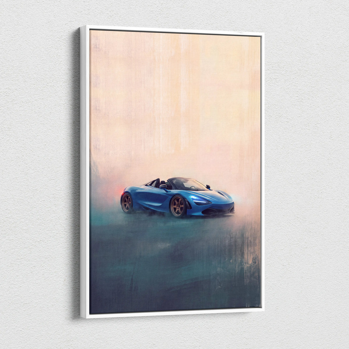 Blue McLaren 720S spider inspired automotive wall art featuring a convertible sports car in a white frame canvas print
