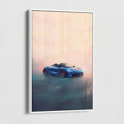 Blue McLaren 720S spider inspired automotive wall art featuring a convertible sports car in a white frame canvas print