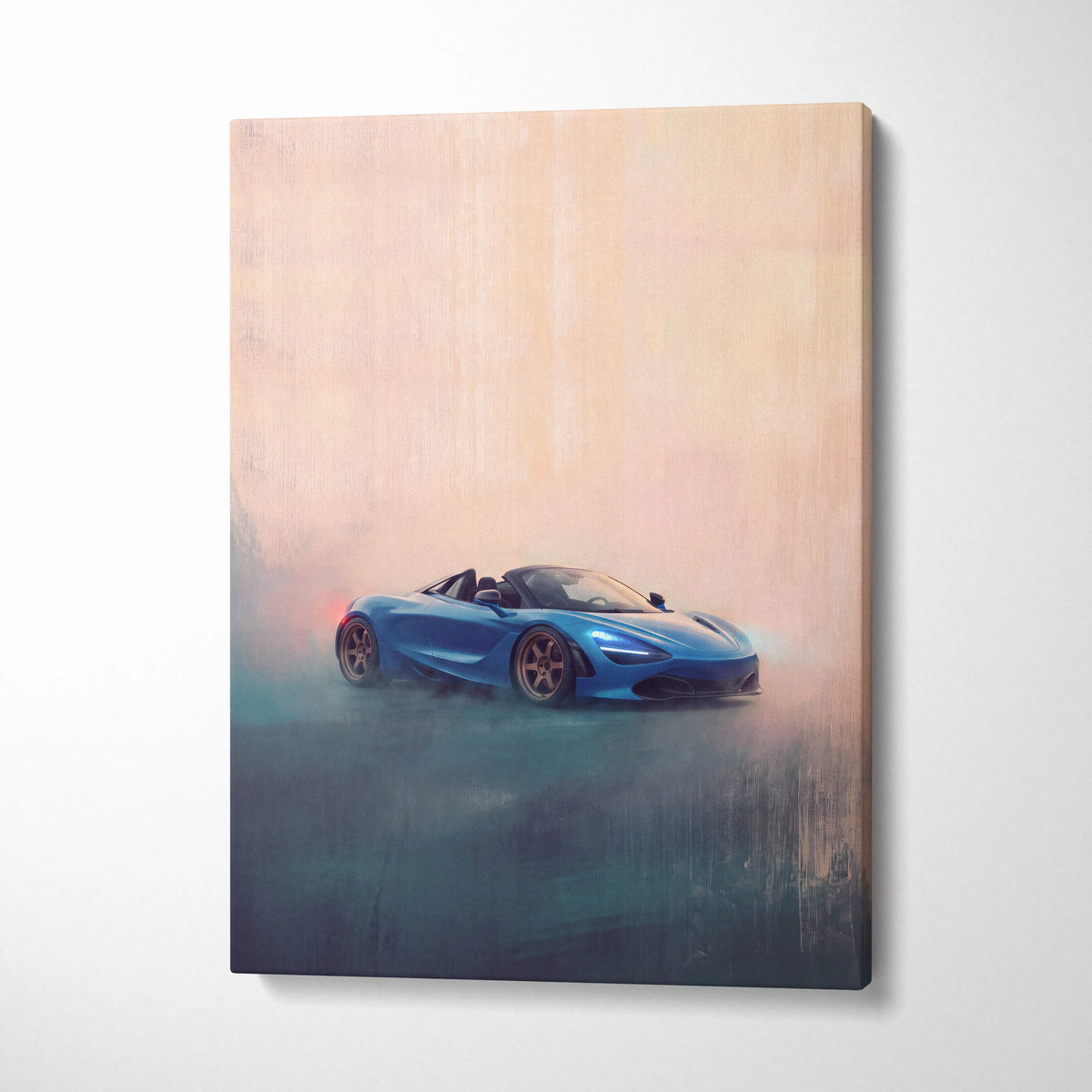 Blue mclaren 720s spider convertible sports car stylized painting on canvas luxury supercar wall art print
