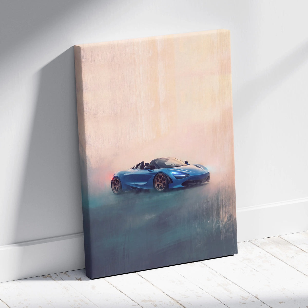 Blue mclaren 720s spider inspired luxury sports car canvas print for automotive wall art decor