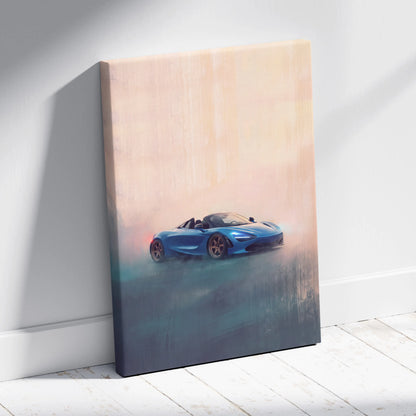 Blue mclaren 720s spider inspired luxury sports car canvas print for automotive wall art decor