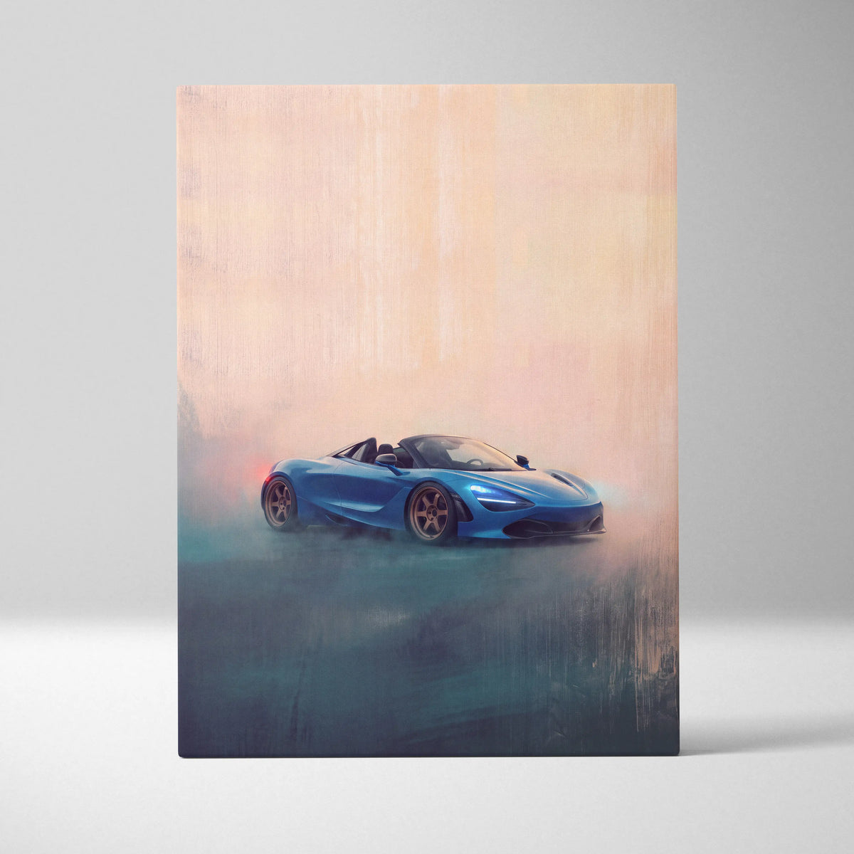 A vibrant blue mclaren 720s spider sports car in a misty dynamic artistic wall art canvas print