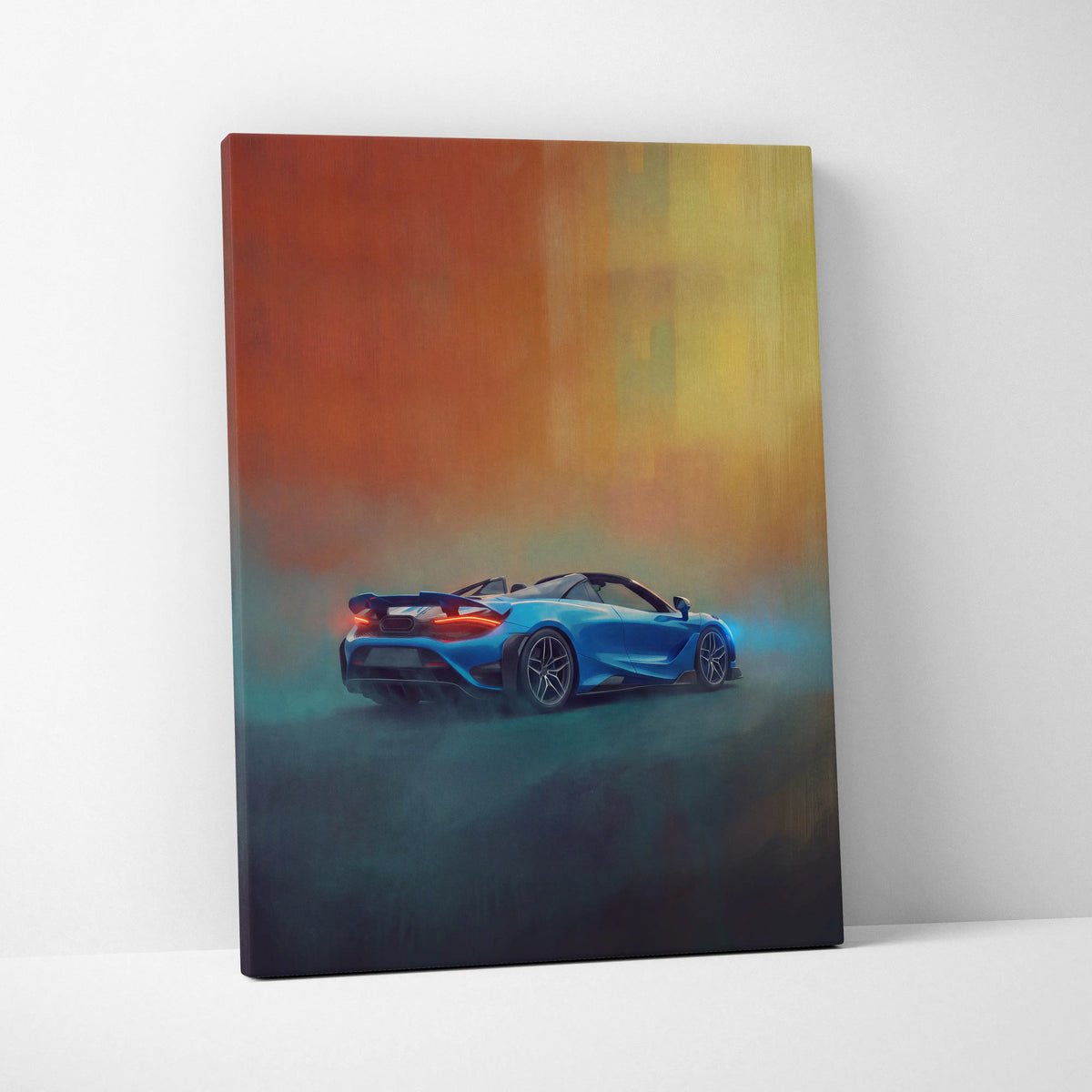 A vibrant blue McLaren 720S Spider inspired convertible sports car painting on canvas custom car wall art print