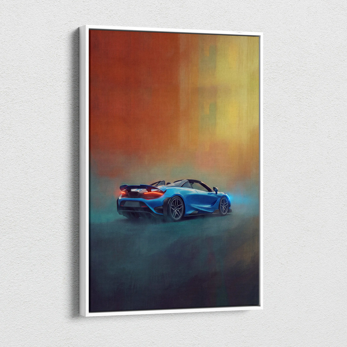 Blue mclaren 720s spider inspired supercar canvas art featuring stylized painting with glowing red taillights and orange background