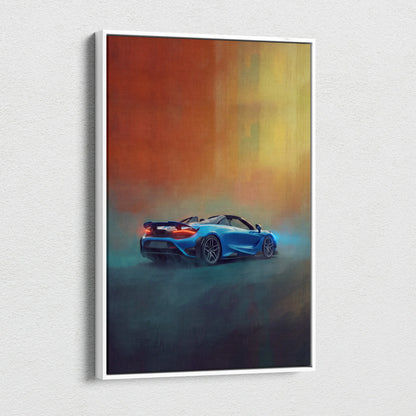 Blue mclaren 720s spider inspired supercar canvas art featuring stylized painting with glowing red taillights and orange background