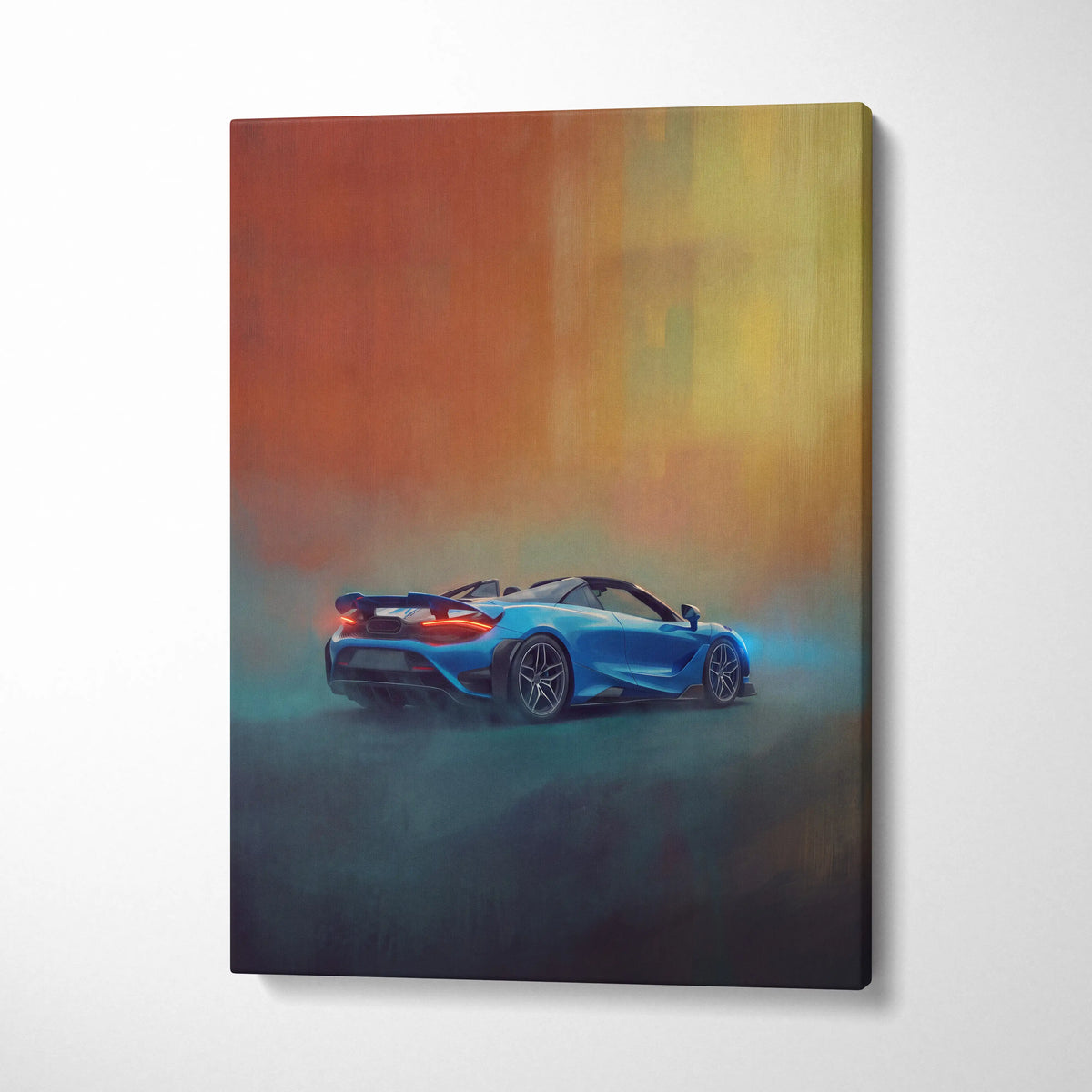Blue McLaren 720S Spider convertible sports car canvas art print with glowing red taillights and smoky background