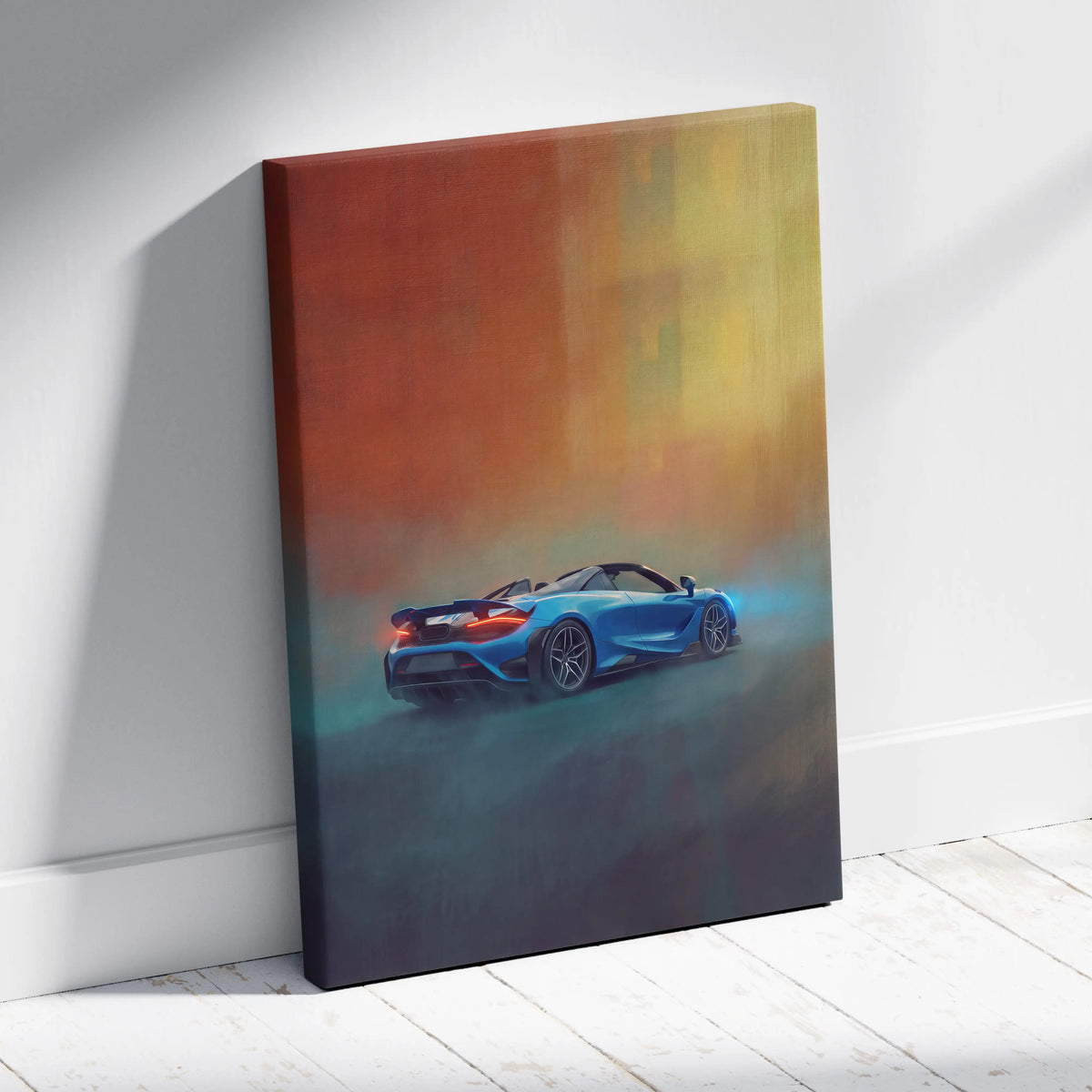 Blue McLaren 720S spider inspired sports car canvas art print with vibrant orange and yellow gradient background