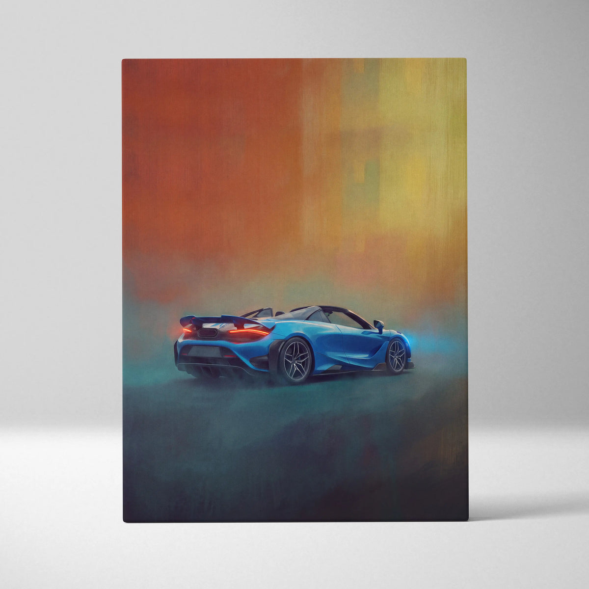 McLaren 720S Spider inspired supercar canvas art featuring a vibrant blue convertible sports car with glowing orange skies