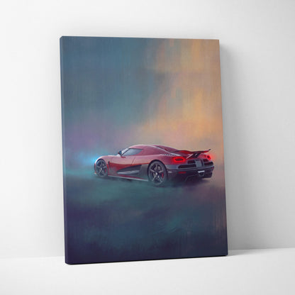 A vibrant red Koenigsegg Agera inspired track edition canvas painting print with dramatic lighting and haze effects