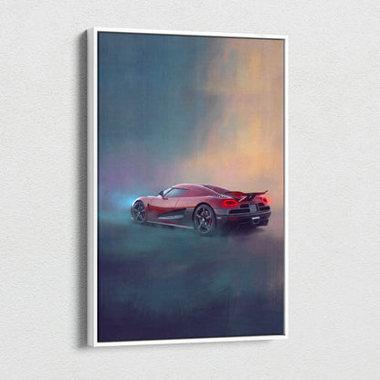 A framed canvas print of a red Koenigsegg Agera inspired hypercar with glowing taillights against a gradient sky