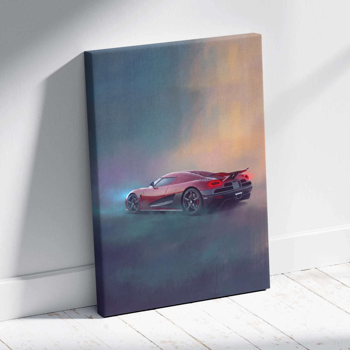 Red koenigsegg agera inspired hypercar wall art in canvas print for track edition car decor