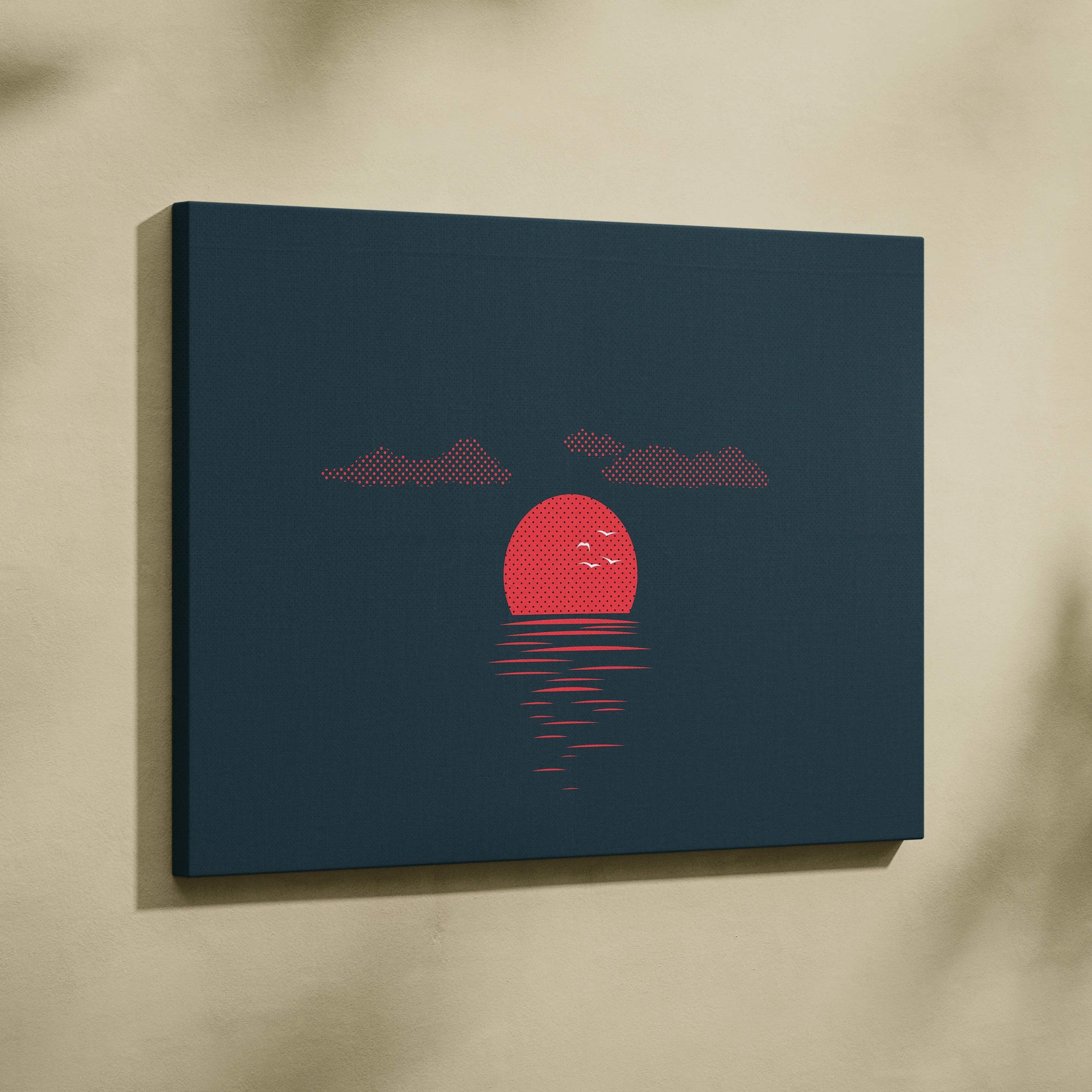 Minimalist deep teal sunset ocean canvas art with red sun birds clouds