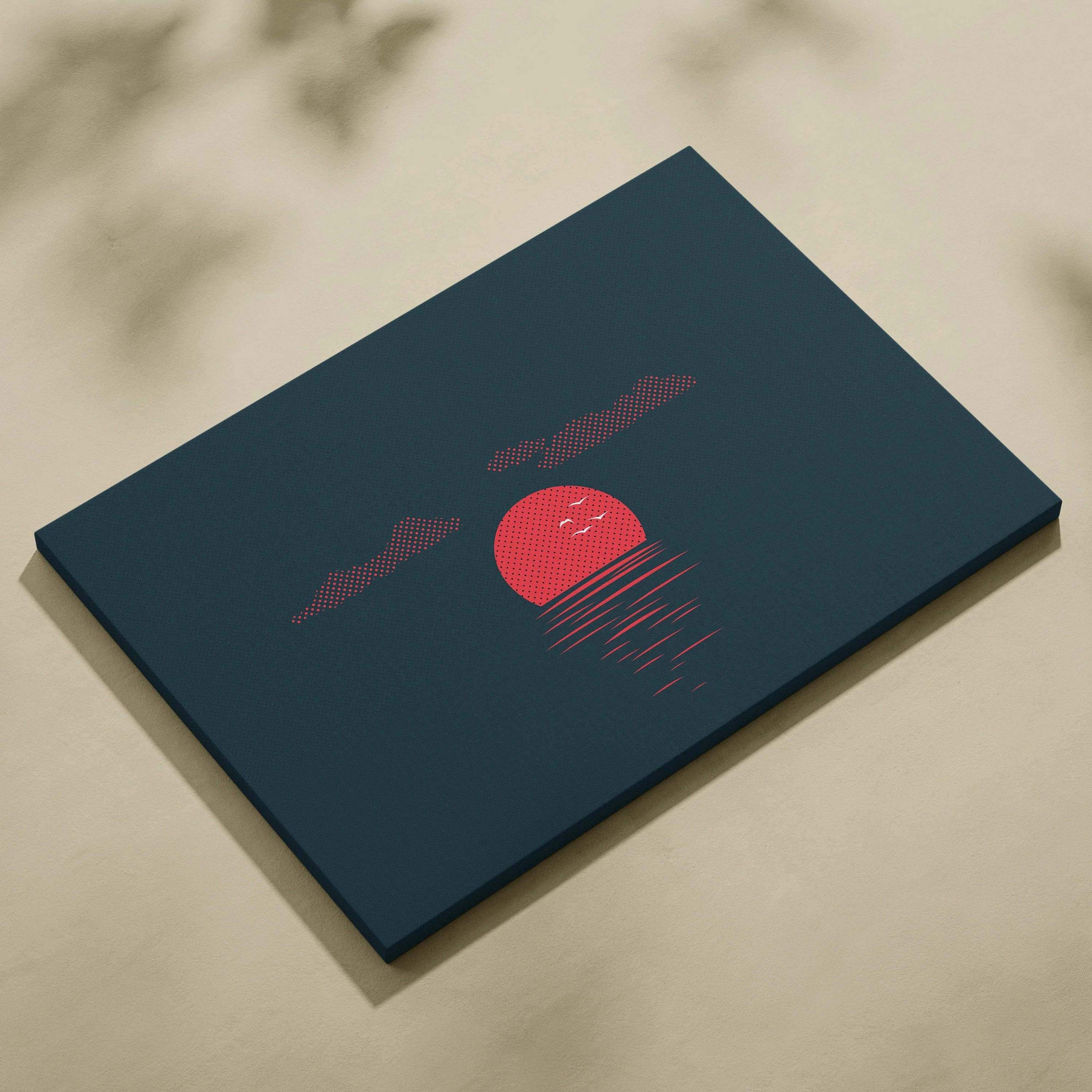 Minimalist teal canvas print of red sunset with dotted clouds and birds