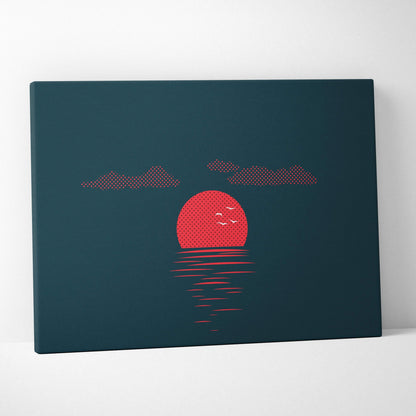 Minimalist teal canvas print of red sunset over ocean with birds and clouds
