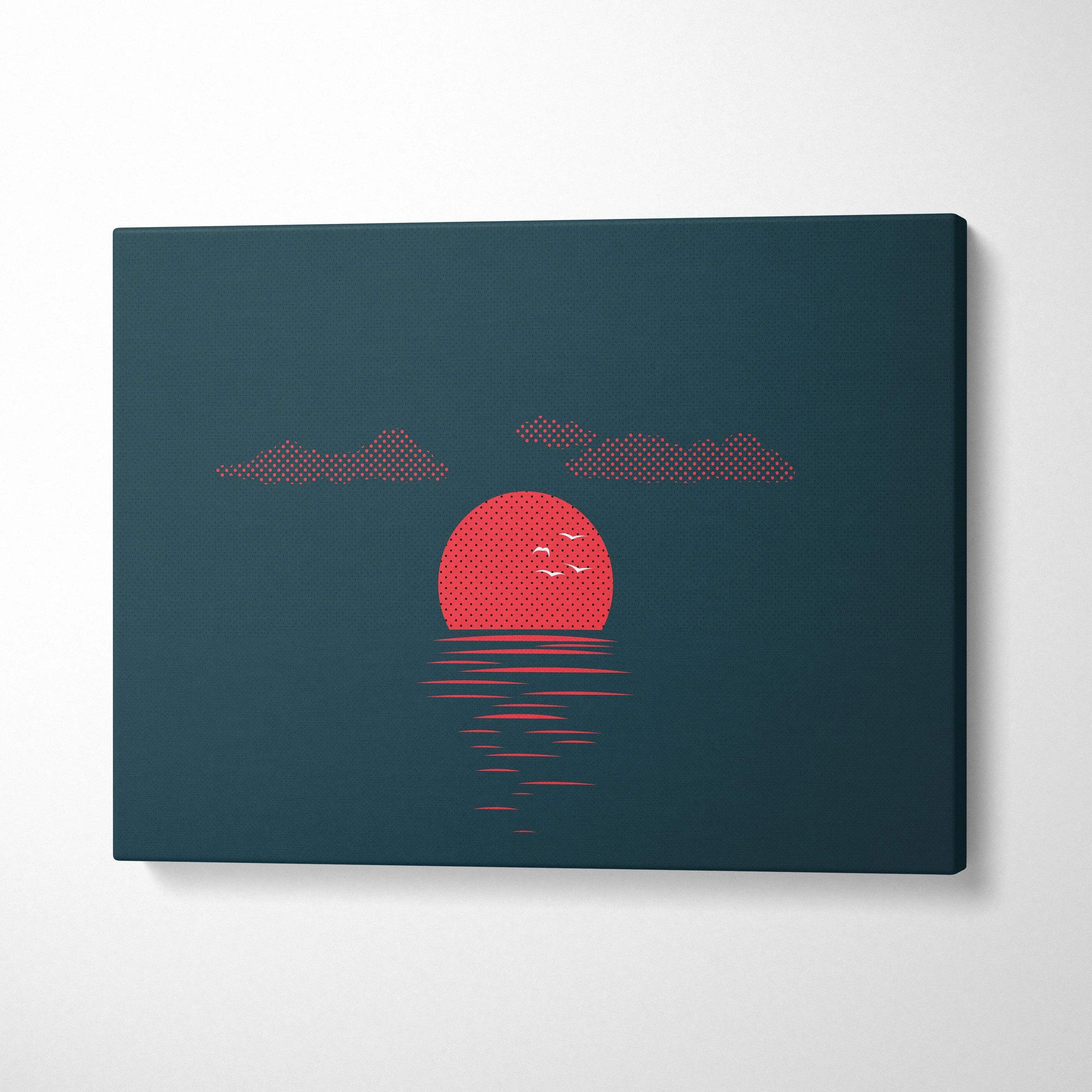 Minimalist teal canvas print of red dotted sun, birds, clouds over ocean