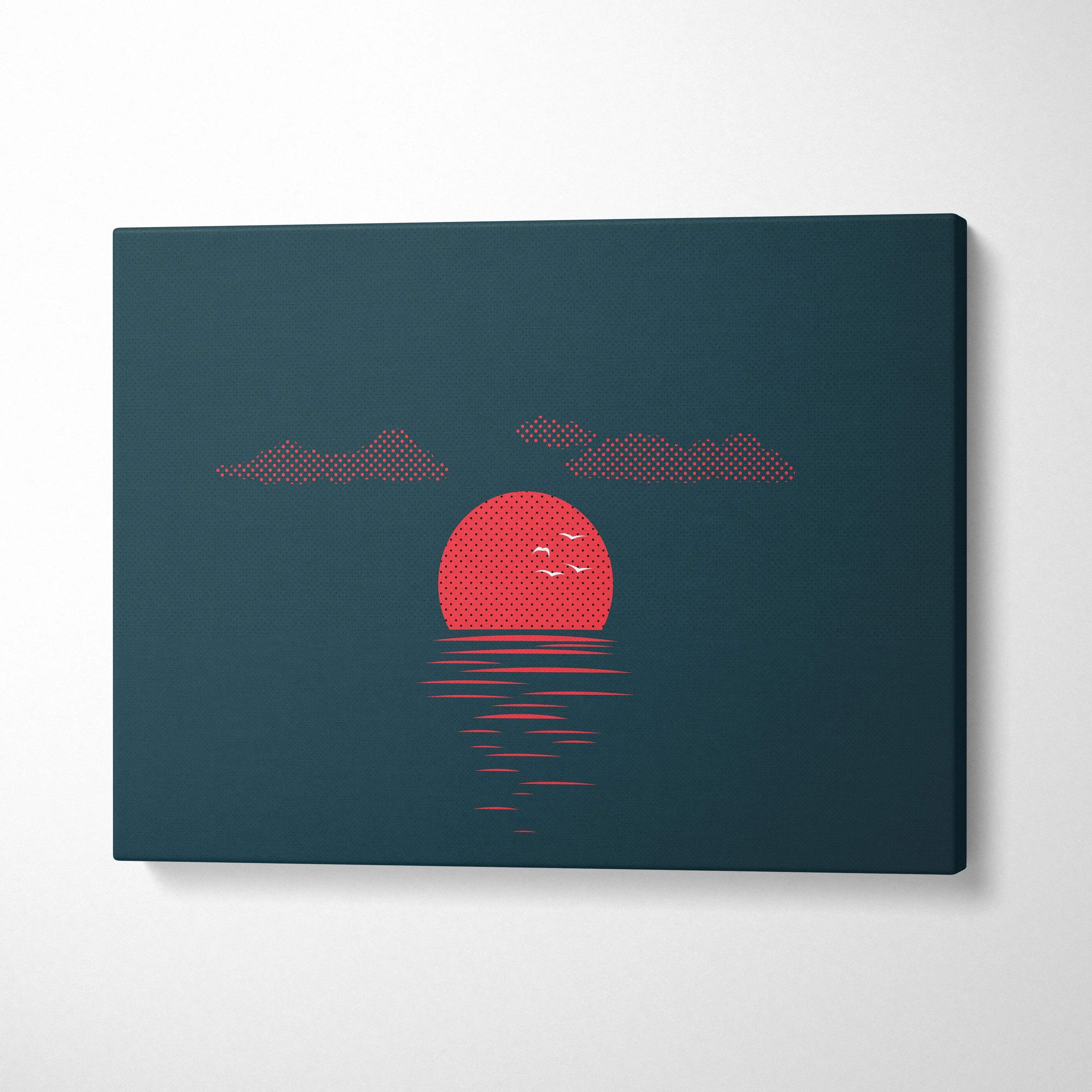 Minimalist teal canvas print of red dotted sun, birds, clouds over ocean